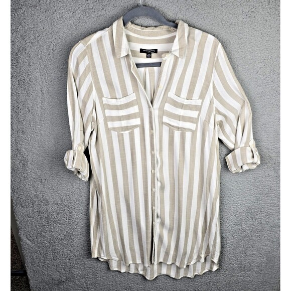 Sharagano Shirt Dress Womens 22W Taupe Ivory Button Up Pockets Stripes  Y2K - Picture 13 of 14